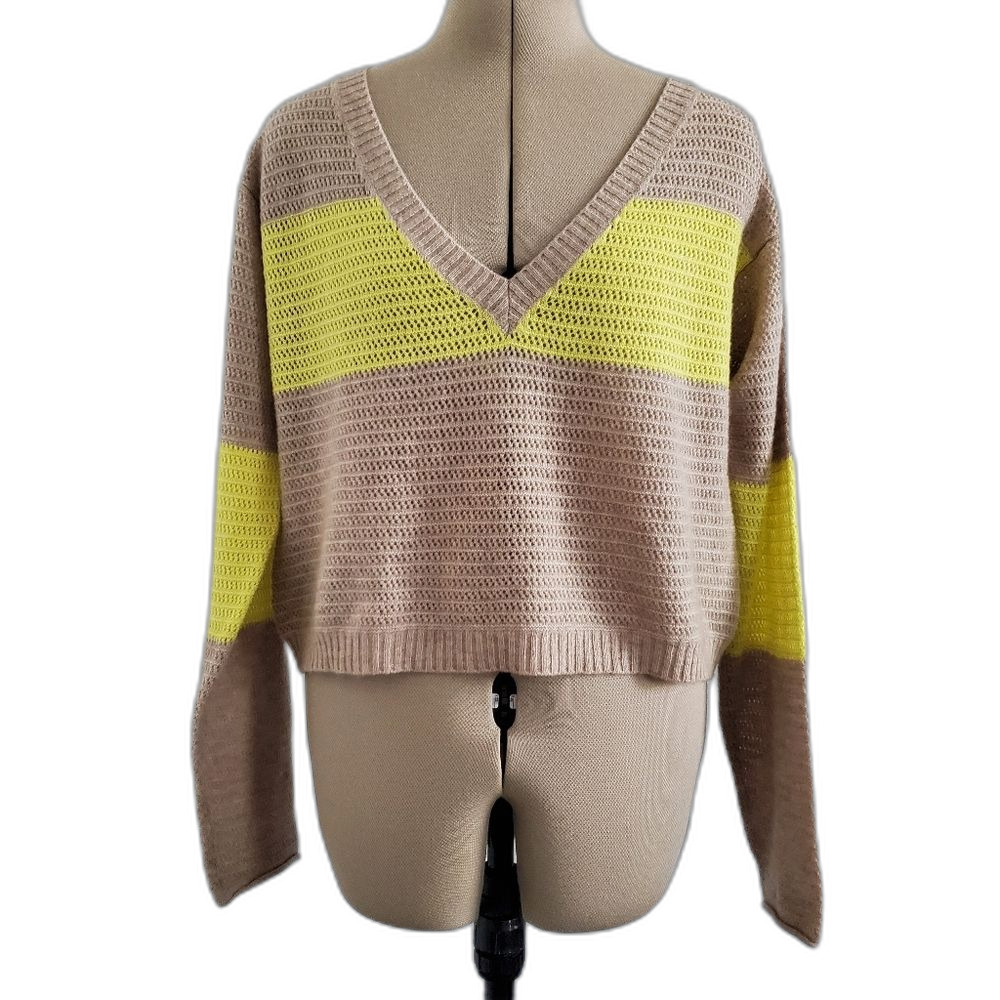 NEW Free People Large Sweater Brown Yellow Striped 100% Cashmere V-Neck